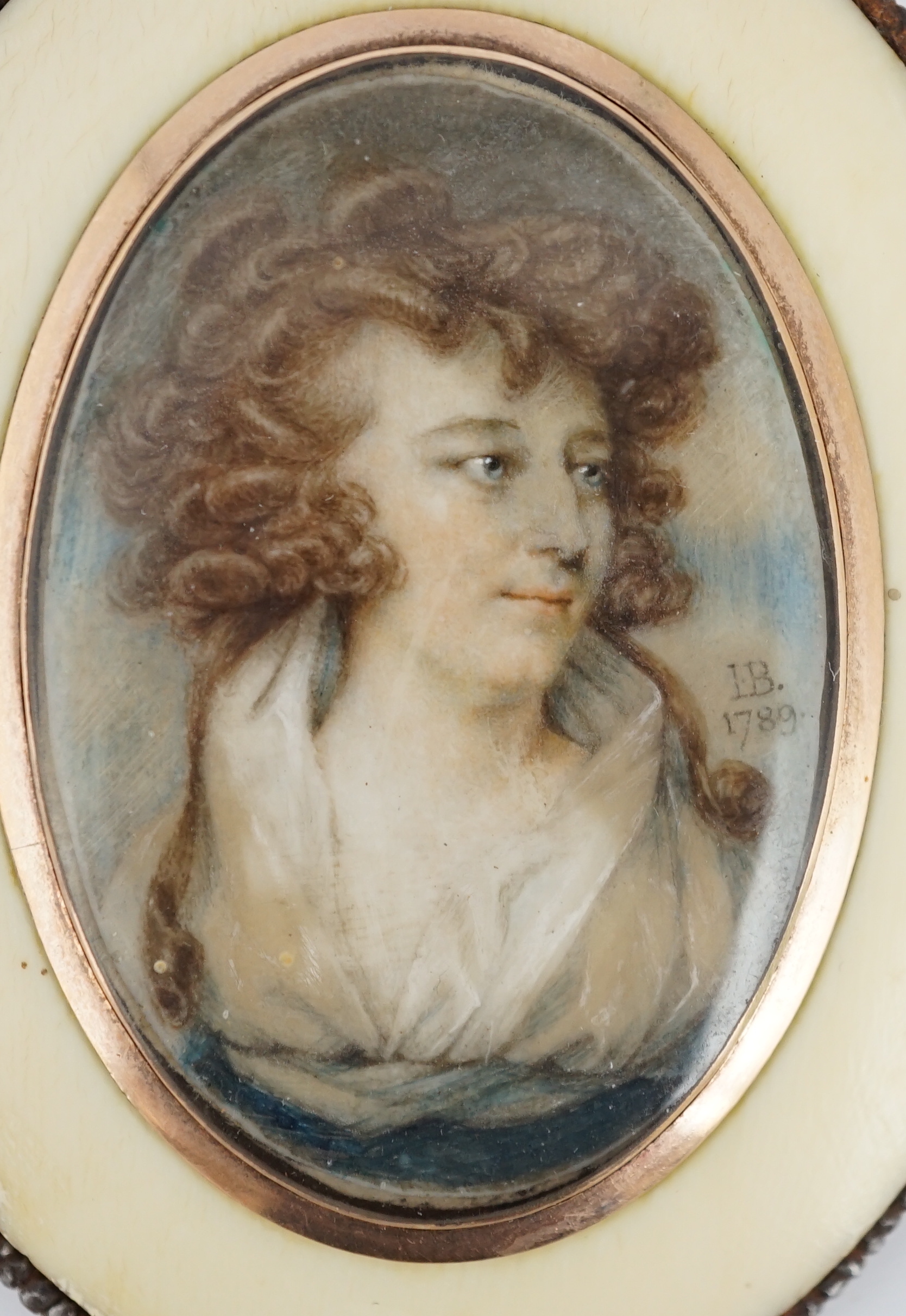 John Bogle (British, 1746-1803), Portrait miniature of a lady, oil on ivory, 4.3 x 3cm. CITES Submission reference S8HJ56MK